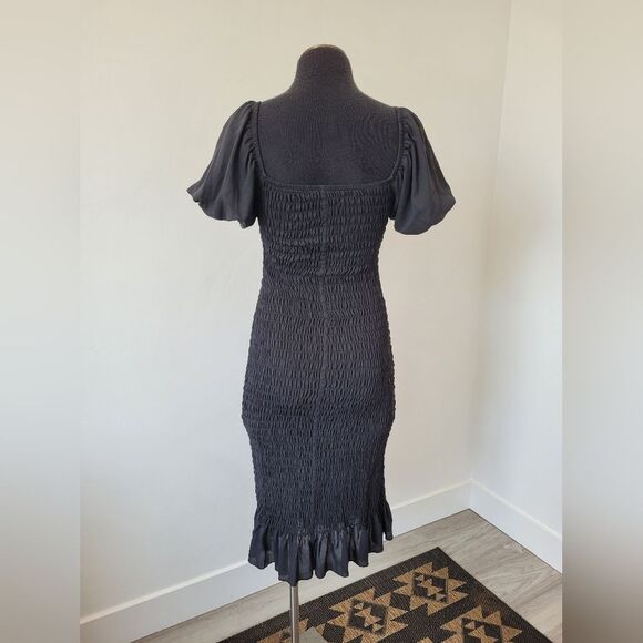 Trixxi Black Smocked Ruched Midi Dress Puff Sleeves Ruffle Vamp Witch Whimsigoth - Picture 6 of 12